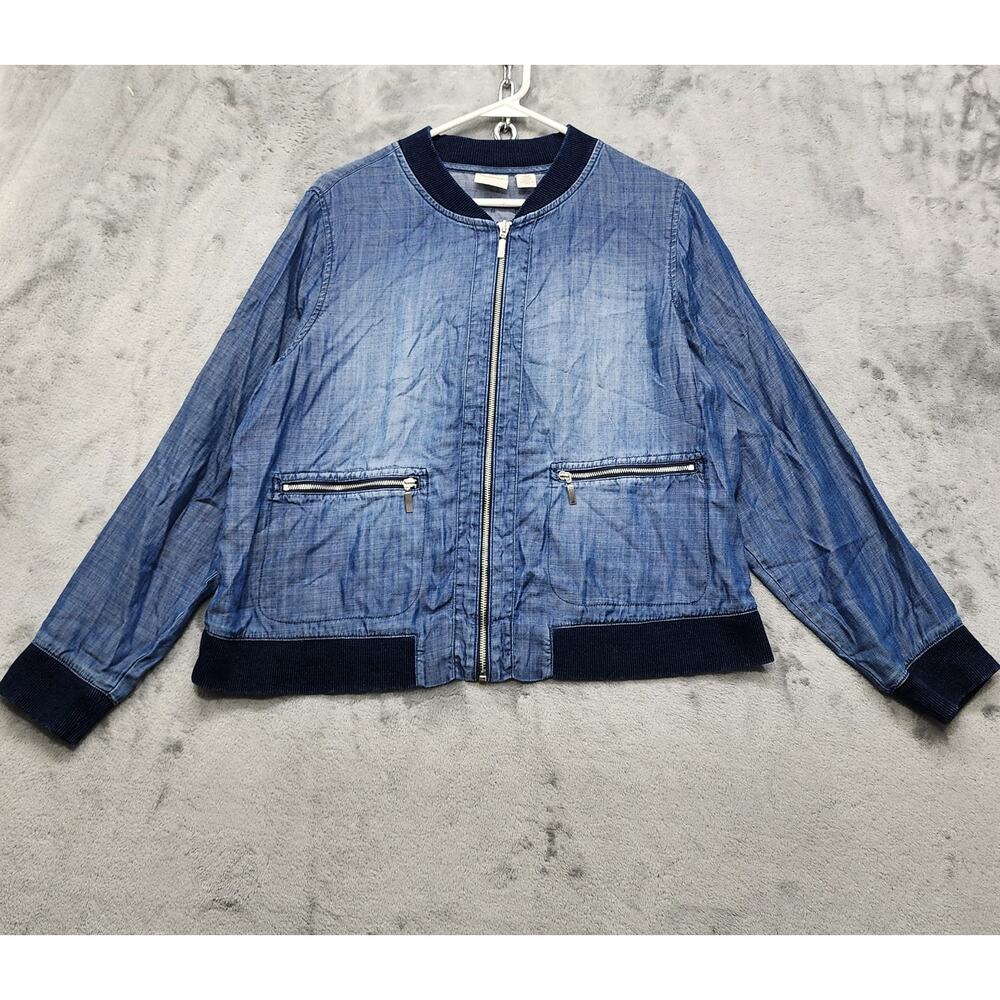Zenergy by‎ Chicos Jacket Womens 2 L/12 Blue Lyocell Chambray Bomber Lightweight